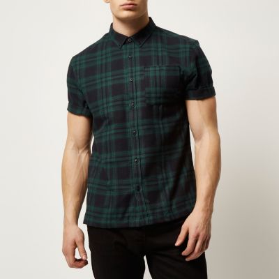 Green check twill short sleeve shirt